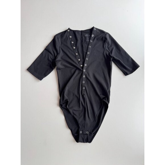 GOOD AMERICAN Snap Queen Black Half Sleeve Plunge V-Neck Bodysuit, Size 2/M - Picture 5 of 15
